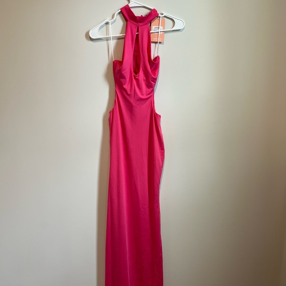 Pink Ruched Tie Front Halter Maxi Dress